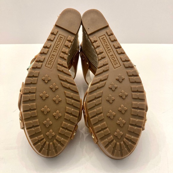 Michael Kors Somerly Wedge Espadrille Sandals Brown Leather Womens 7M Heels Shoe - Picture 8 of 11